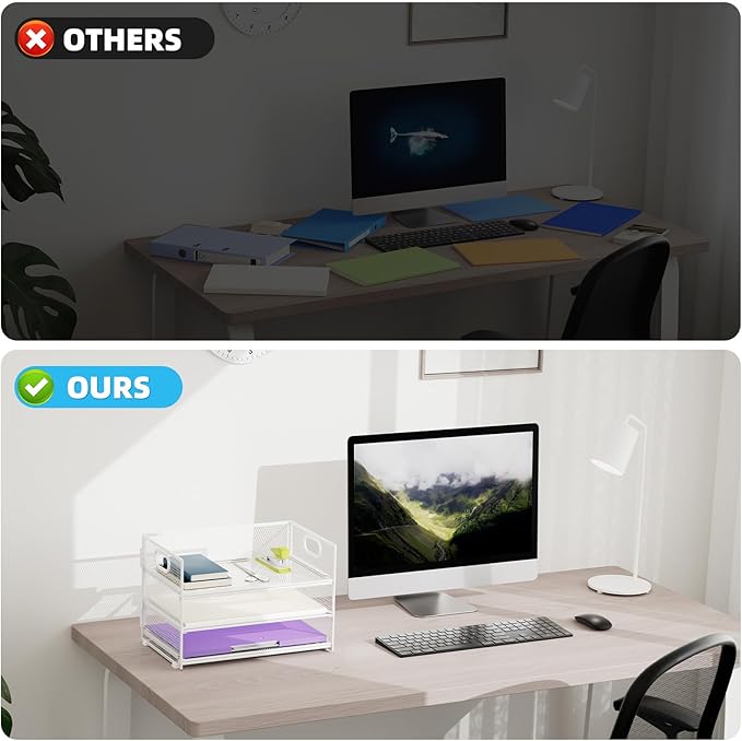 Marbrasse 3 Tier Paper Organizer Letter Tray, Mesh File Organizer with Handle, Paper Sorter Desk Organizer for Home Office Supplies(White)