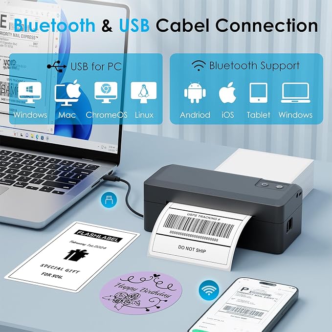 Shipping Thermal Label Printer, 4x6 Portable Label Printer, Bluetooth Label Maker for Small Business, Support iPhone,Android,Windows,Mac,Chromebook,Works with USPS, Ebay,Shopify&More, Black