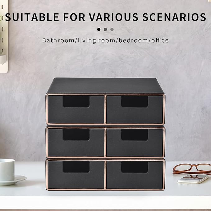 Linen Leather Desk Organizer and monitor stand with Drawers－Mini Desktop Drawer Organizer Stackable－Tabletop Organization Storage Box for Office Supplies Home Vanity Toiletries (Black, 2-drawers)