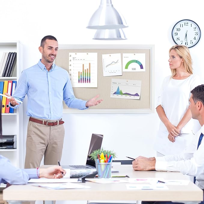 Bulletin Board Cork Board with Linen, 100% Wood Framed 30" x 20" Bulletin Board Decorations, Pin Boards for Walls, Wall Mounted Fabric Picture Board with 10 Pushpins for School, Home & Office, White