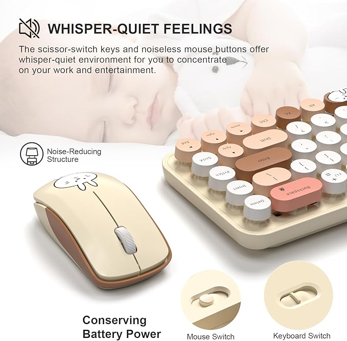 FOPETT Wireless Keyboard and Mouse Cute Mouse and Keyboard 2.4G Wireless Keyboards with Colorful 68 Keys Typewriter Retro Round Keycap for PC, Laptop,Tablet,Computer Windows - Milk Tea Colorful