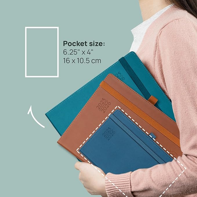 POPRUN Pocket Planner 2025-2026 (Purse Size 4'' x 6.25'') Academic Small Calendar (July 2025 - June 2026) with Hourly Time Slots, 100GSM Thick Papers, Leather Soft Cover - Pacific Green