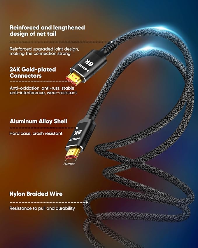 Snowkids 8K HDMI 2.1 Cable 20 ft, Non-Slip Nylon Braided, 48Gbps Ultra - Image 4