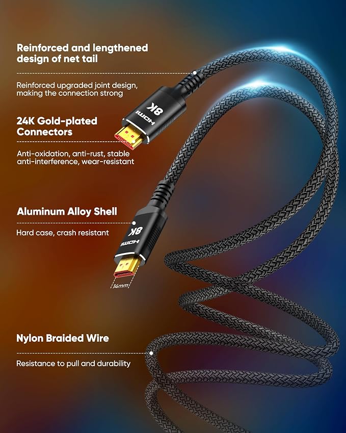 Snowkids 8K Long HDMI Cable 15FT, Non-Slip Nylon Braided, 48Gbps Ultra - Image 4
