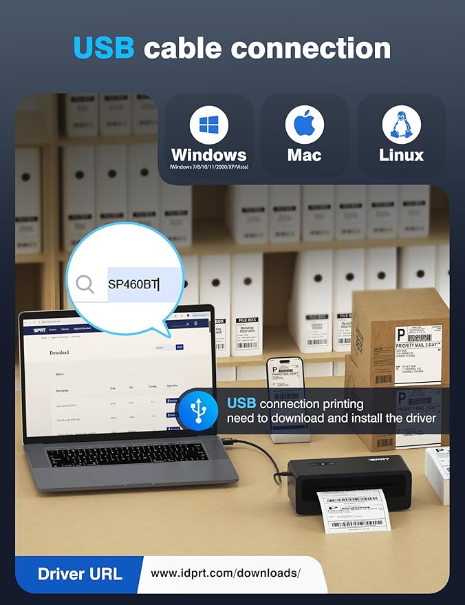 iDPRT Shipping Label Printer 4x6 Bluetooth Thermal Label Printer for Small Business and Shipping Package, Support Android, iPhone, Windows, macOS, Widely Used for Amazon, Shopify, Ebay
