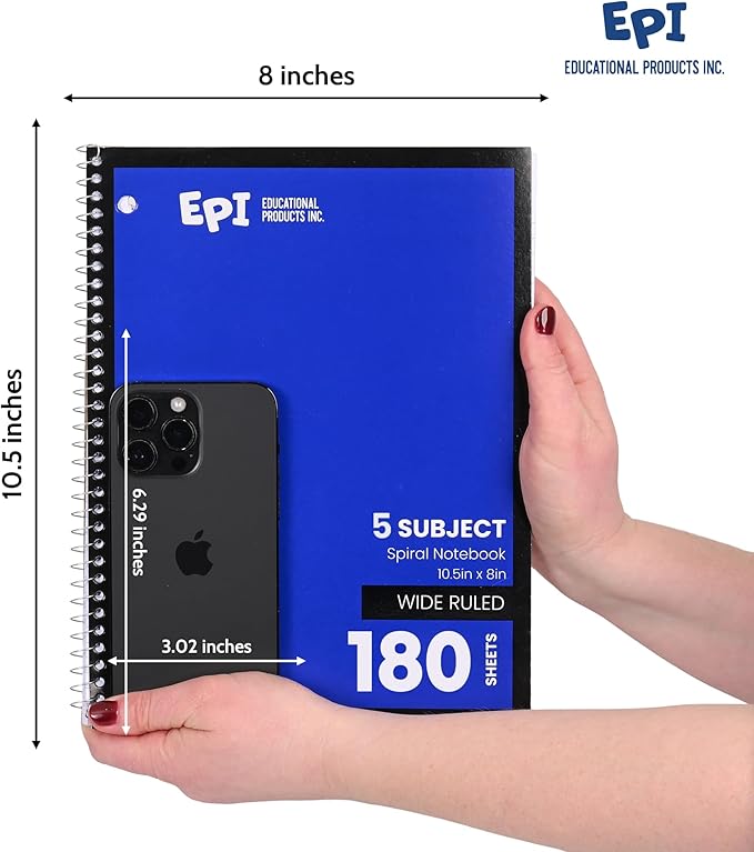 EPI Spiral Notebook | 5 Subject - Wide Ruled - 180 Sheets, Durable Spiral Binding | 10.5 x 8 in | Classroom Supplies | School, Office, Note Taking, Journaling - 3 Pack