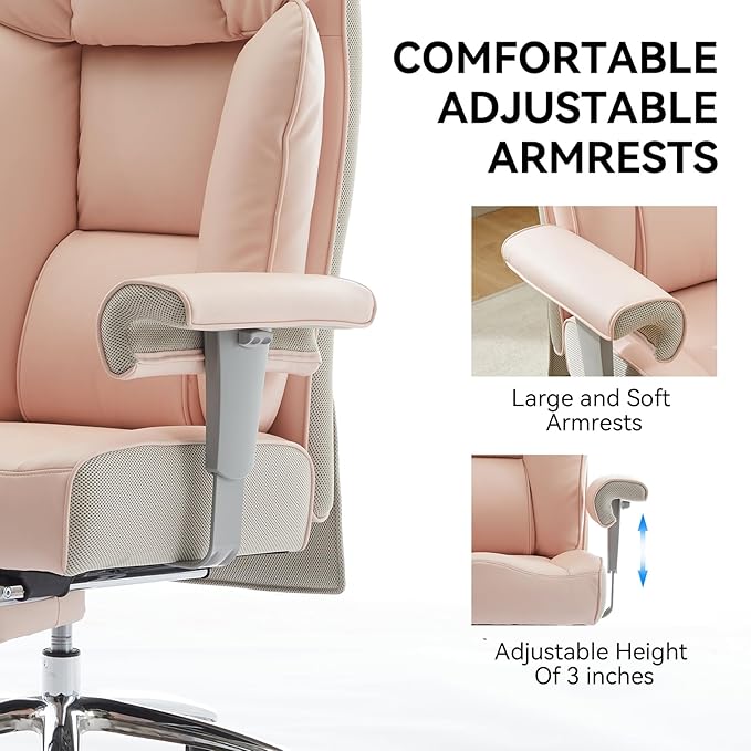 Efomao Big and Tall Ergonomic Office Chair 450LBS with Foot Rest, High Back PU Leather Executive Chair with Adjustable Padded Armrests, Lumbar Support for Home or Work, Heavy Duty Computer Chair, Pink