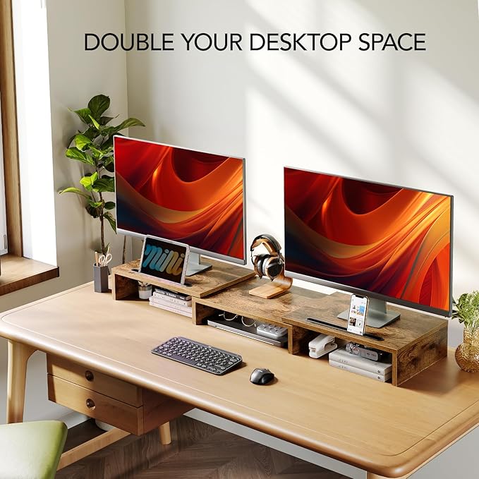 AMERIERGO Dual Monitor Stand Riser- 3 Shelf Screen Stand with Adjustable Length and Angle, 2 Extra Functional Slot Desktop Organizer Stand for PC, Computer, Laptop (Rustic Brown)