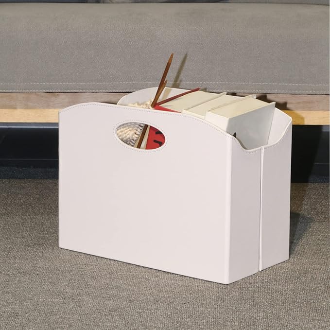 EZDeco Magazine Holder Foldable Magazine Rack Floor PU Leather File Holder Newspaper Book Storage Basket Document File Folder Organizer for Office Home (White-1)