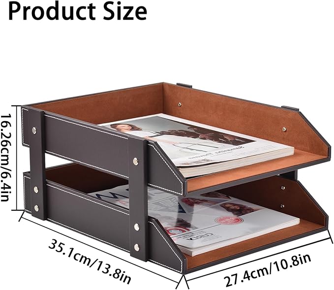Leather Desk Organizer,2-Tier Stackable Letter Tray Holder,Office Supplies Desktop Storage Box for Document,Stationery,Magazines,Newspapers,Letters and Other Home Office Paper Sundries,Coffee