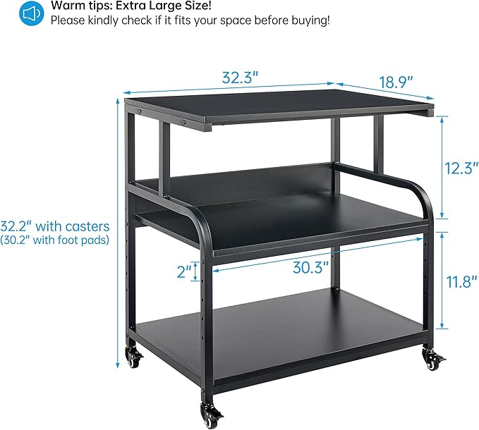 32.3" x 18.9" Extra Large Printer Stand Table with Adjustable Storage Shelf, 3 Tier Rolling Printer Cart with Industrial Wheels for Home Office, Black
