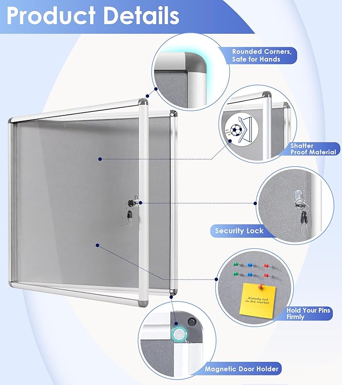 SWANCROWN Enclosed Bulletin Pin Fabric Boards Tamperproof Notice Case for Message Memo Photo,Grey,28x26inch (6xA4)