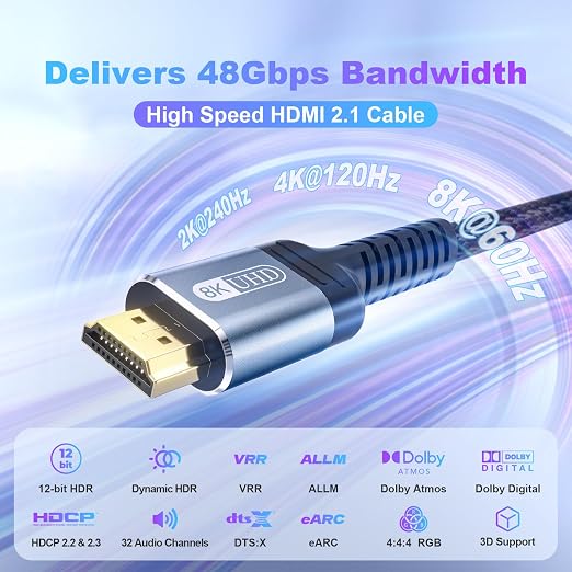 8K HDMI 2.1 Cable 8ft 48Gbps Ultra High Speed Braided Nylon HDMI Cord-8K@60Hz - Image 2