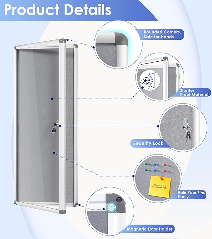 SWANCROWN Enclosed Noticeboard Grey Frabric Bulletin Boards Lockable Display Case Tamperproof with Keys Pins,38x14inch