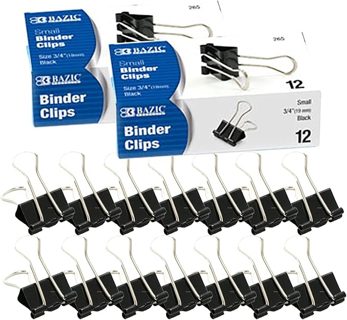 BAZIC Binder Clips Small Black 3/4" (19mm), Paper Clamps Paper Clip, Paperclips for Office School Supplies Home Kitchen Storage (12/Pack), 2-Packs