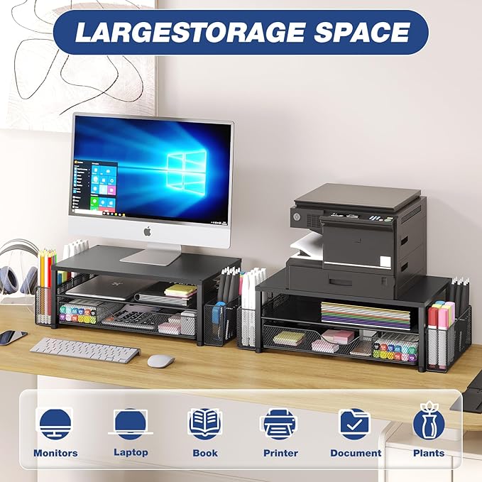 Desk Organizer and Accessories, 2-Tier Computer Monitor Stand Riser with Drawer and 2 Pen Holders, Laptop Stand, Office Desk Accessories for Office Supplies, Black 2-Pack