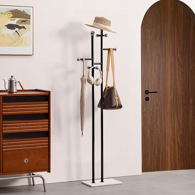 Coat Rack Freestanding with Marble Base Sturdy Coat Tree Heavy Duty Clothes Rack for Entryway Bedroom Living Room Hotel 14.96 x 10.24 x 68.9 Inches (Black)