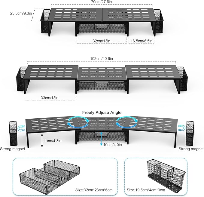 gianotter Computer Dual Monitor Stand Riser For Desk, Desk Organizers And Accessories With Drawer And 2 Pen Holder For Office, Home, School Supplies (Black)