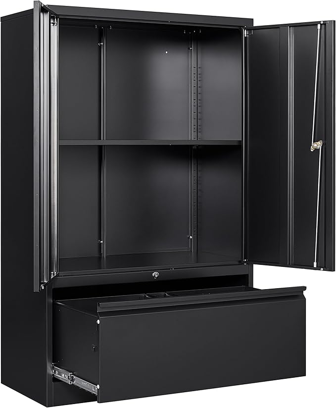 SISESOL Black Lateral File Cabinet with Lock,51" Locking Filing Cabinet with Doors and Shelves,Metal Storage Cabinets with Drawer for Home,Office,Garage,School,Fit A4/Letter/Legal File (1 Drawer)