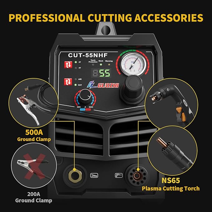 GZ GUOZHI CNC Plasma Cutter, 55 Amp Non-HF Non-Touch Pilot Arc, THC Torch Height Control Enabled, Dual Voltage 110V/220V Digital Plasma Cutter Machine