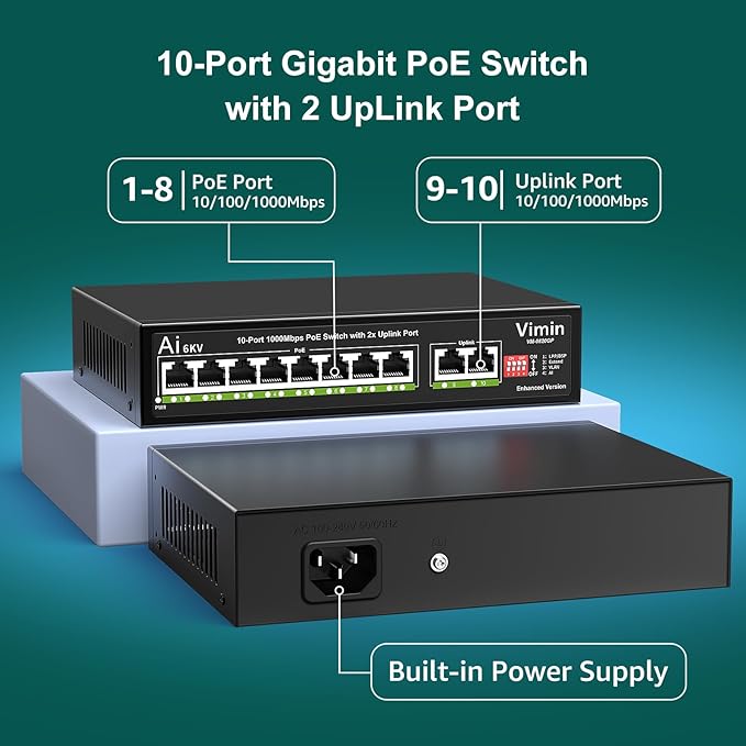 10-Port Gigabit PoE Switch, VIMIN 8-Port Unmanaged 10/100/1000Mbps Network PoE - Image 2