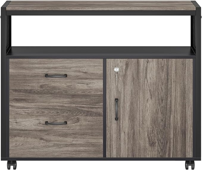 Tribesigns Modern File Cabinet with Drawers for Letter-Sized File and Door, Lockable lateral Filing Cabinet Printer Stand with Storage Shelves and with Rolling Caster for Home Office (Gray)