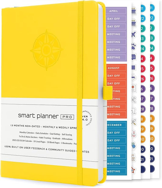 Smart Planner Pro – Undated Daily Planner – Small A5 – Achieve Goals & Increase Productivity – Weekly, Monthly, Work Sections, Organizer Diary with Back Pocket, 3 Satin Bookmarks & Pen Holder
