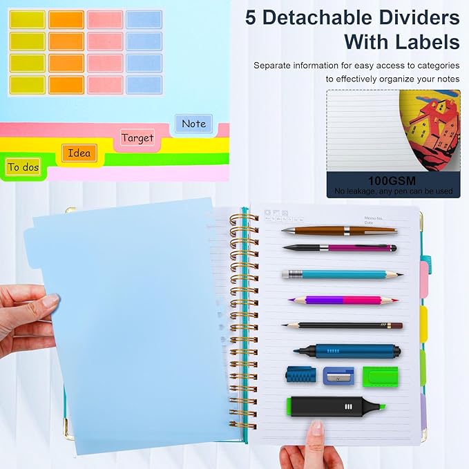 Hardcover Spiral Notebook 8"x10" Journal Notebook with Tabs and Removable Dividers 300 Pages 5 Subject Notebook College Ruled, Faux Leather Spiral Bound Notebook for Women, Students, School Work (Dark Blue)