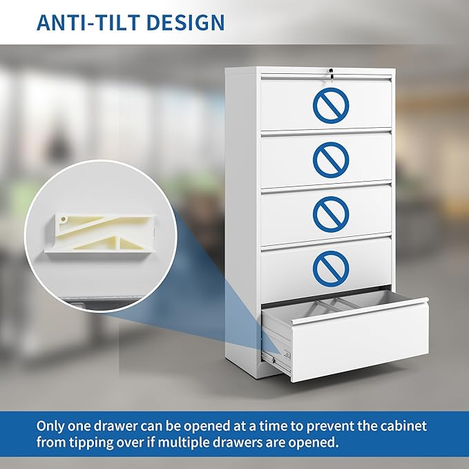 5 Drawer Lateral File Cabinet with Lock, File Cabinets for Home Office Legal/Letter A4 Size, File Cabinet Storage Cabinet, Require Assembly, White