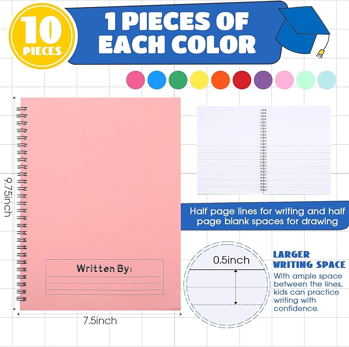 Henoyso 10 Pcs 100/50 Sheets Primary Composition Notebook K-2 Bulk Spiral Primary Journal Drawing Handwriting Practice for Kids Kindergarten 1st 2nd Back to School Supplies (Stylish Color,50 Sheets)