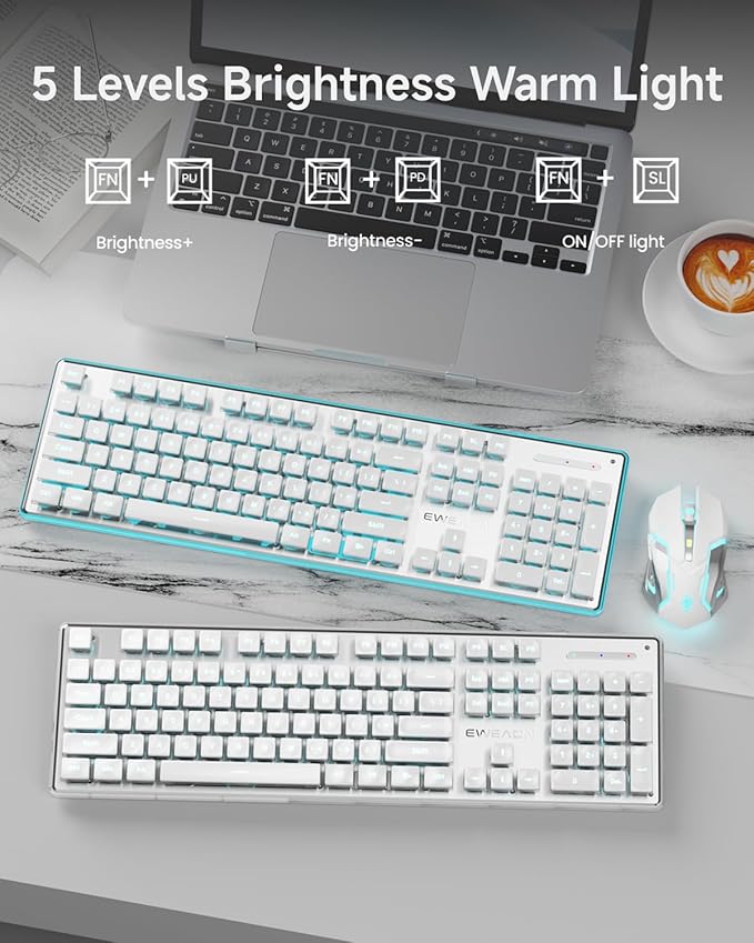 EWEADN V3 Wireless Keyboard and Mouse with Blue Backlit, Metal Panel, Bluetooth/2.4G Rechargeable Computer Keyboard and Mouse Combo Silent Lighted Full Size Cute Keyboards-White