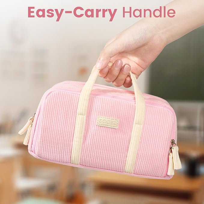 Sooez Large Pencil Case Pouch, Extra Big Pencil Bag with 5 Compartments, Pen Case Wide Opening, Soft Corduroy Pen Bag Organizer with Zipper, Cute Aesthetic School Supplies for Teen Girls, Purple