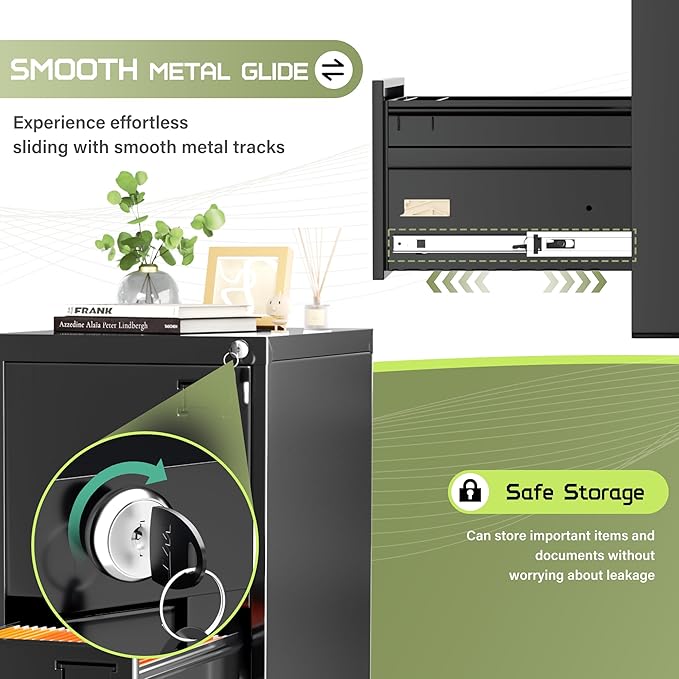 Crownland Lateral File Cabinet with 4 Drawers, 15" W Metal Lockable Office File Cabinets for Home Office- Stores Letter/Legal/A4/F4 Files(Black)