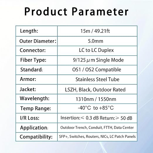 15M/49FT LC to LC Armored Outdoor Fiber Optic Cable, Single Mode Duplex 9/125μm - Image 6