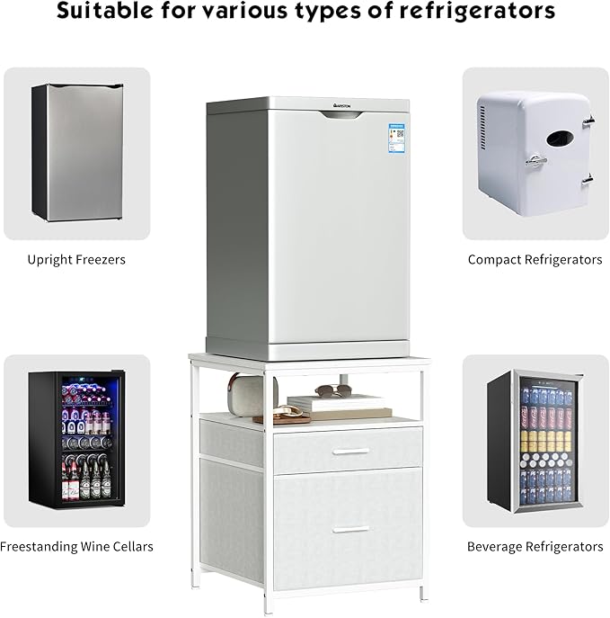 Mini Fridge Stand with 3 Storage, Mini Fridge Cabinet, Beverage Fridge Table, Heavy Duty 21.3" L* 22.7" W Tabletop, for Dorm, Apartment,Office, Bedroom White HB01BXW