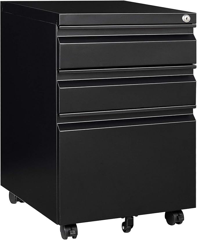 Mobile File Cabinet with Lock, 3 Drawer File Cabinet for Home Office, Rolling File Cabinet, Under Desk Locking Filing Cabinet on Wheels for Legal/Letter/A4 File, Fully Assembled, Black