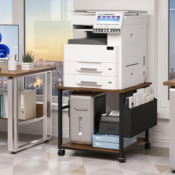 Lerliuo Large Printer Stand with Storage Shelf, 23.6 x 23.6 x 22.8 Industrial Printer Table for Home Office, Rolling Printer Cart Holder with Lockable Wheels, Mobile Mini Fridge Stand Table (Brown)