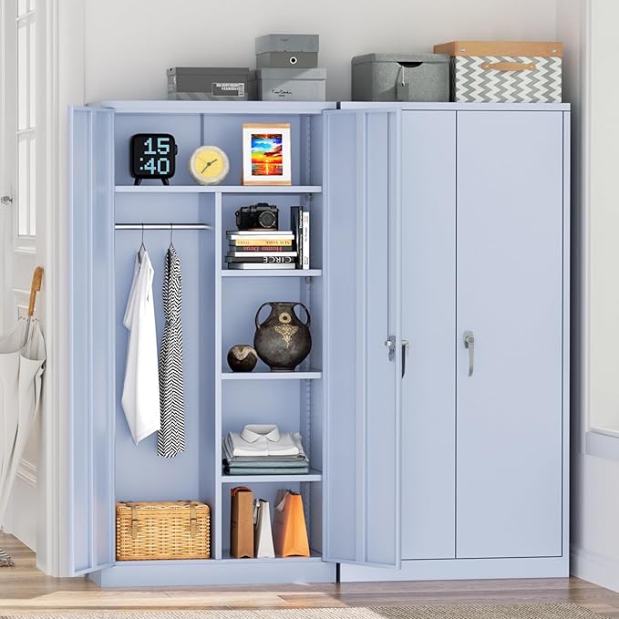 Greenvelly Metal Storage Wardrobe Cabinet with Lock, 72" Dark Grey Metal Wardrobe Closet for Hanging Clothes with Doors and Shelves, Modern Clothes Closet for Home, Office and Bedroom, School,Gym