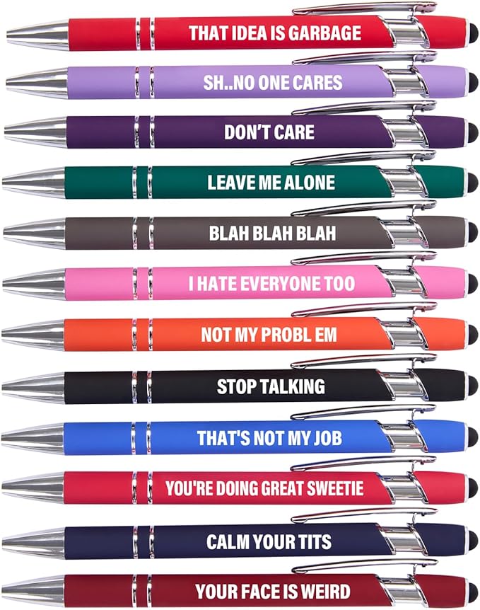 Funny Pens, 12 Pcs Pens Fine Point Smooth Writing Pens, Sarcastic Ballpoint Pens with Screens Touch Stylus Tips, Black Ink 1.0 Mm Snarky Pens, Gift Office Desk Accessories