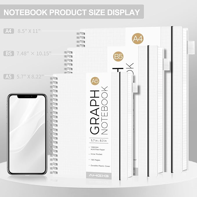 AHGXG Graph Paper Notebook - Spiral Notebook Journal 7.6" x 10", B5 Large Graph Notebook, 140 Pages, 100 gsm Thick Grid Paper, Waterproof Plastic Cover, for School Writing Engineering, Transparent