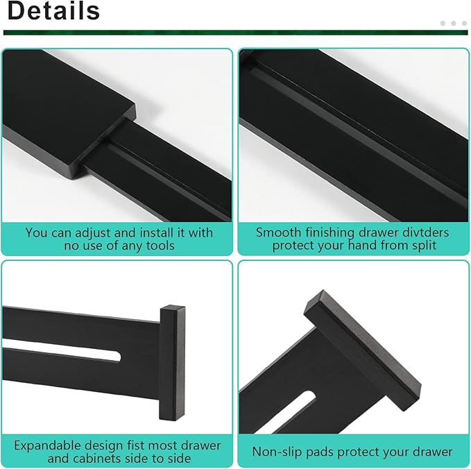 FJO 4 Pack Adjustable Bamboo Drawer Dividers - 12.5" - 21.7" Expandable Drawer Separators for Kitchen, Utensils, Clothes, Bedroom, Dresser, Bathroom (Black)