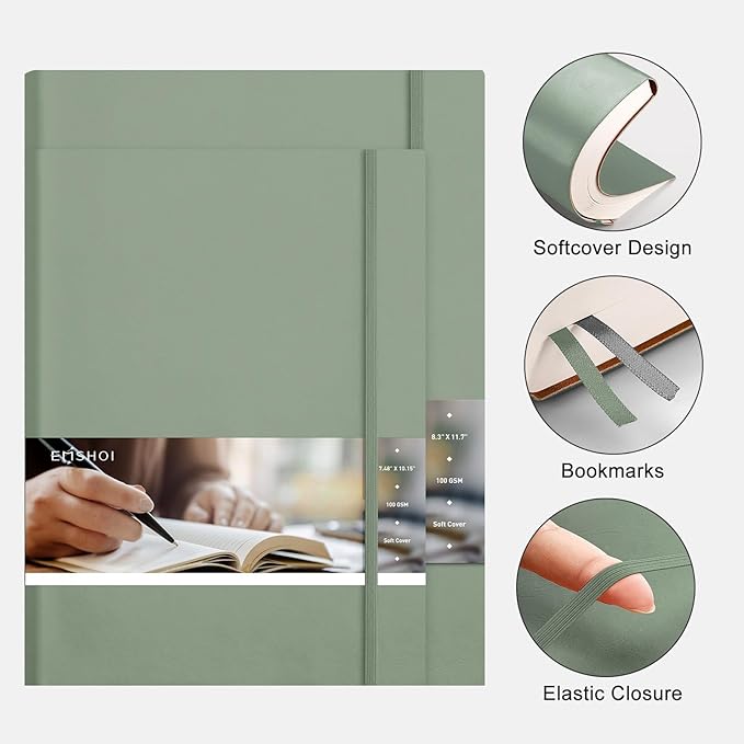 EMSHOI B5 College Ruled Notebook Journal - 400 Pages (200sheets), 7mm Spacing & Vegan Leather Cover for Work, School, Bible Study, Bullet Journaling - with Sticky Notes, Pocket & Pen Holder- Green