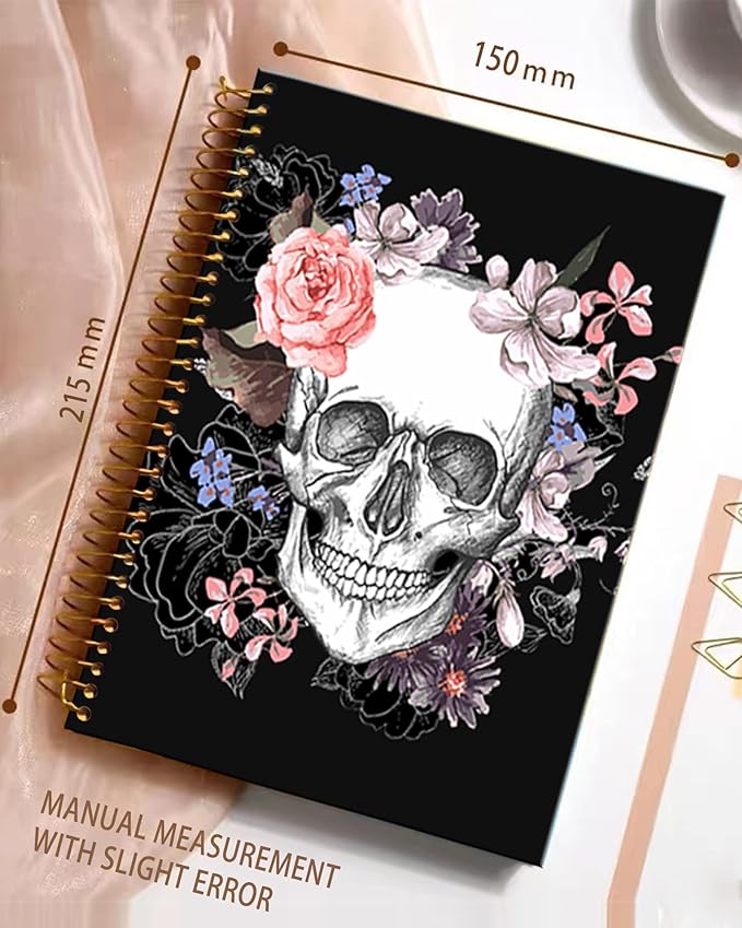 iampanda Spiral Journal Notebook,Strong Twin-Wire Binding with Premium Paper for Girl Women,Pink Floral 60 Sheets A5 College Ruled Notebook/Journal,Perfect for School Office Home Gifts,Cool Skull