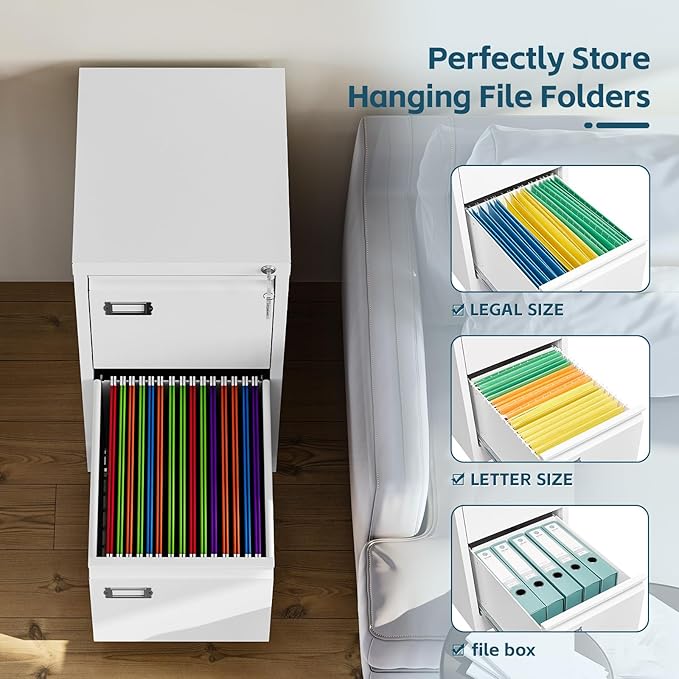 MIIIKO White 2 Drawer File Cabinet, Vertical Filing Cabinet with Lock, Home Office Storage Cabinet for Letter Legal A4 File Size