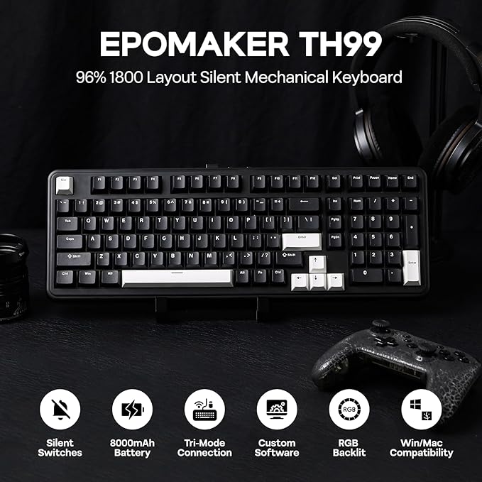 EPOMAKER TH99 Wireless Mechanical Keyboard with Lubed Silent Switch, Quiet Gaming Keyboard, 8000mAh,Creamy Gasket,RGB Backlit,Numpad,PBT Keycap,Hot Swappable,for Gamers/Office (Black)