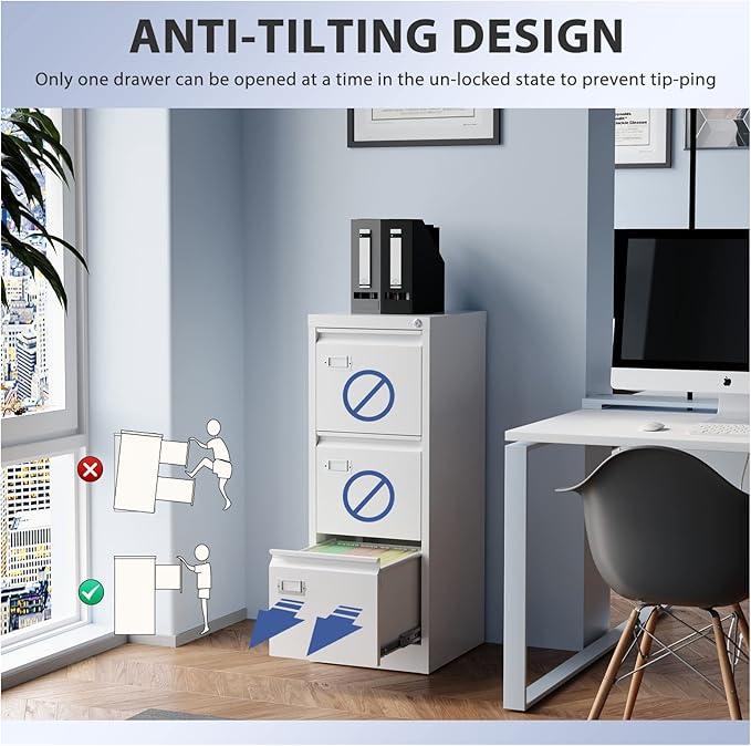 3 Drawer File Cabinet, Filing Cabinets for Home Office, Metal Vertical File Storage Cabinet with Lock, Locking File Cabinet for A4 Legal/Letter, 15" W x 17.7" D x 38.6" H, Assembly Required