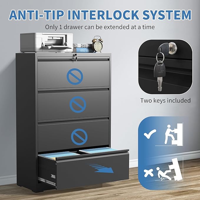 File Cabinets 4 Drawer,Metal Office Storage Filing Cabinet with Lock,Black Lateral Filing Cabinet for Home Office,Horizontal Locking File Cabinets for Legal/Letter/A4,Assembly Require,Black
