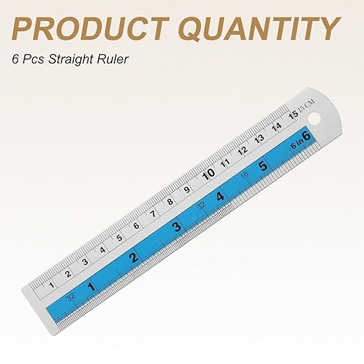 HARFINGTON 6pcs Metal Straight Ruler 15cm Metric SAE Aluminum Alloy Measuring Rulers Scale Tools with Hole for Measure Study Reading Classroom Office, Blue