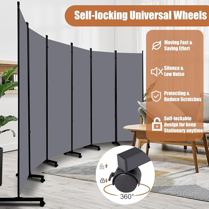 Room Divider Portable 132'' Partition Room Dividers and Folding Privacy Screens 6 Panel Wall Divider for Room Separation, Freestanding Fabric Room Divider Panel with Wheels for Home Office Hospital
