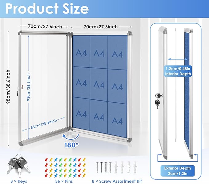 SWANCROWN Pins Bulletin Board Enclosed Wall-Mounted Secure Display Board for Notice Message with Door and Keys,38x28inches(9xA4)